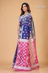 Midnight blue traditional dhakai jamdani saree woman blue pink patterned saree 3