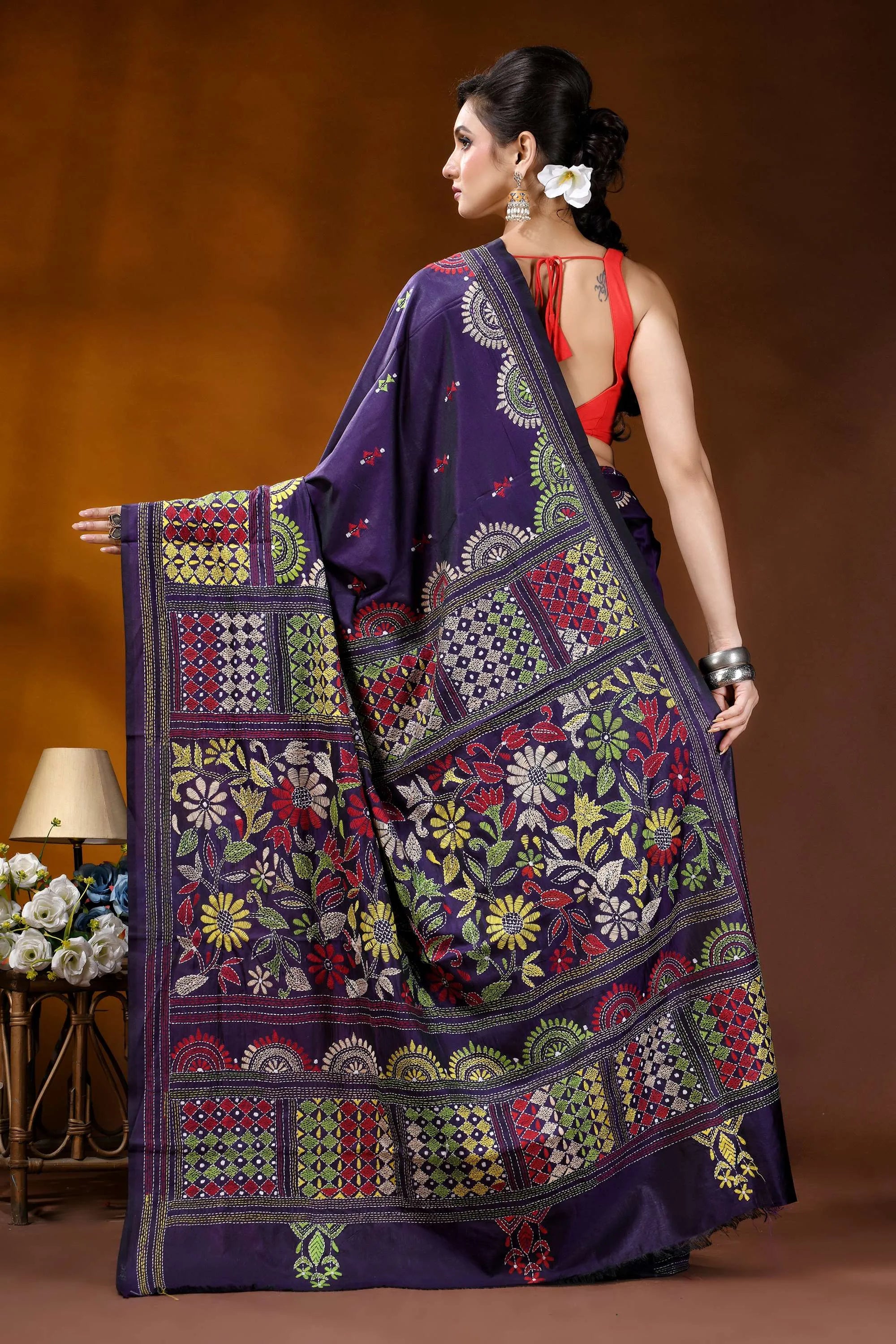 Midnight purple floral silk kantha stitch saree with geometric design richly embroidered purple saree intricate 4