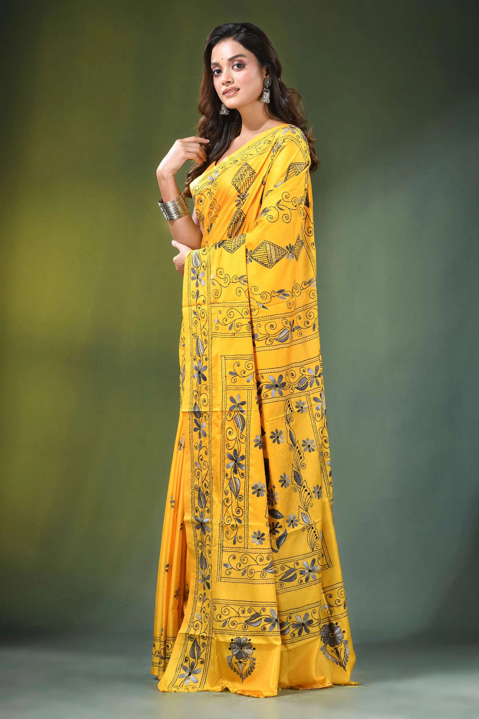 Mikado yellow hand embroidered bird motif kantha work silk saree vibrant adorned intricate 3