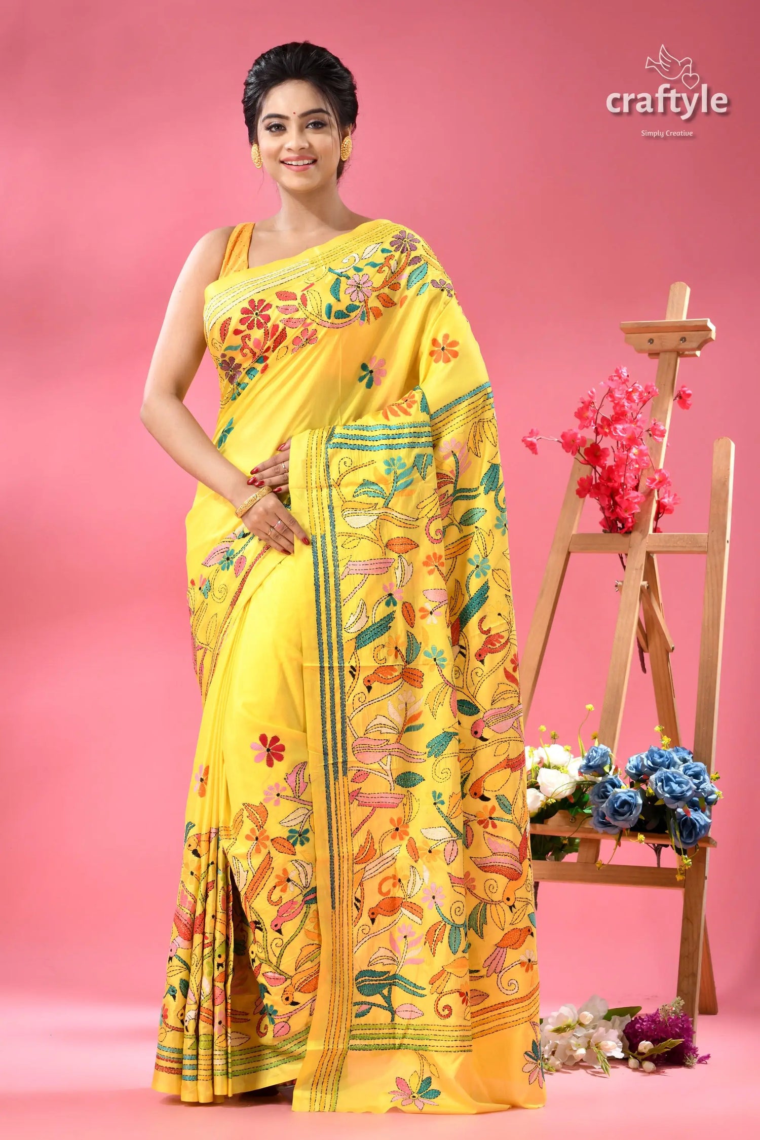 Minion yellow bird design silk kantha saree woman vibrant yellow saree intricate 1
