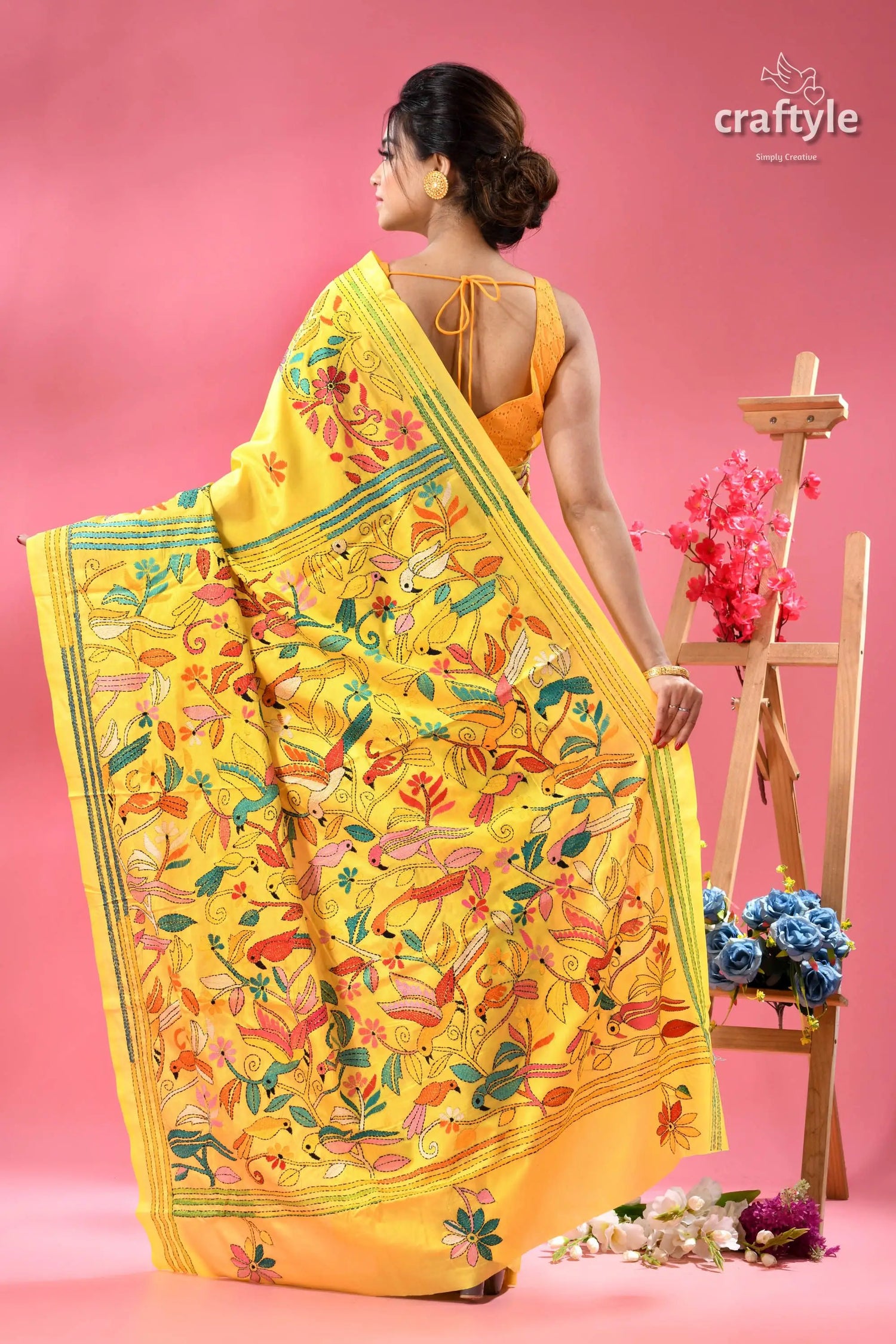 Minion yellow bird design silk kantha saree yellow silk saree intricate colorful 5
