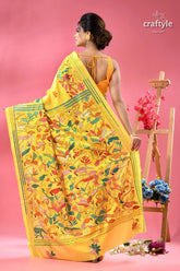 Minion yellow bird design silk kantha saree yellow silk saree intricate colorful 5