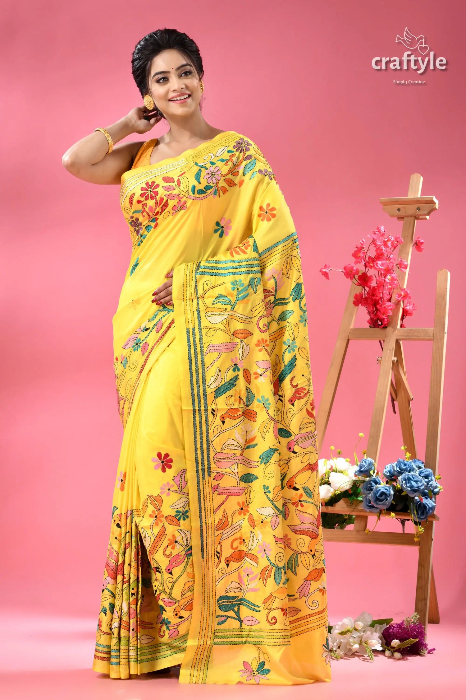 Minion yellow bird design silk kantha saree yellow saree intricate floral animal 6