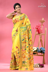 Minion yellow bird design silk kantha saree yellow saree intricate floral animal 6