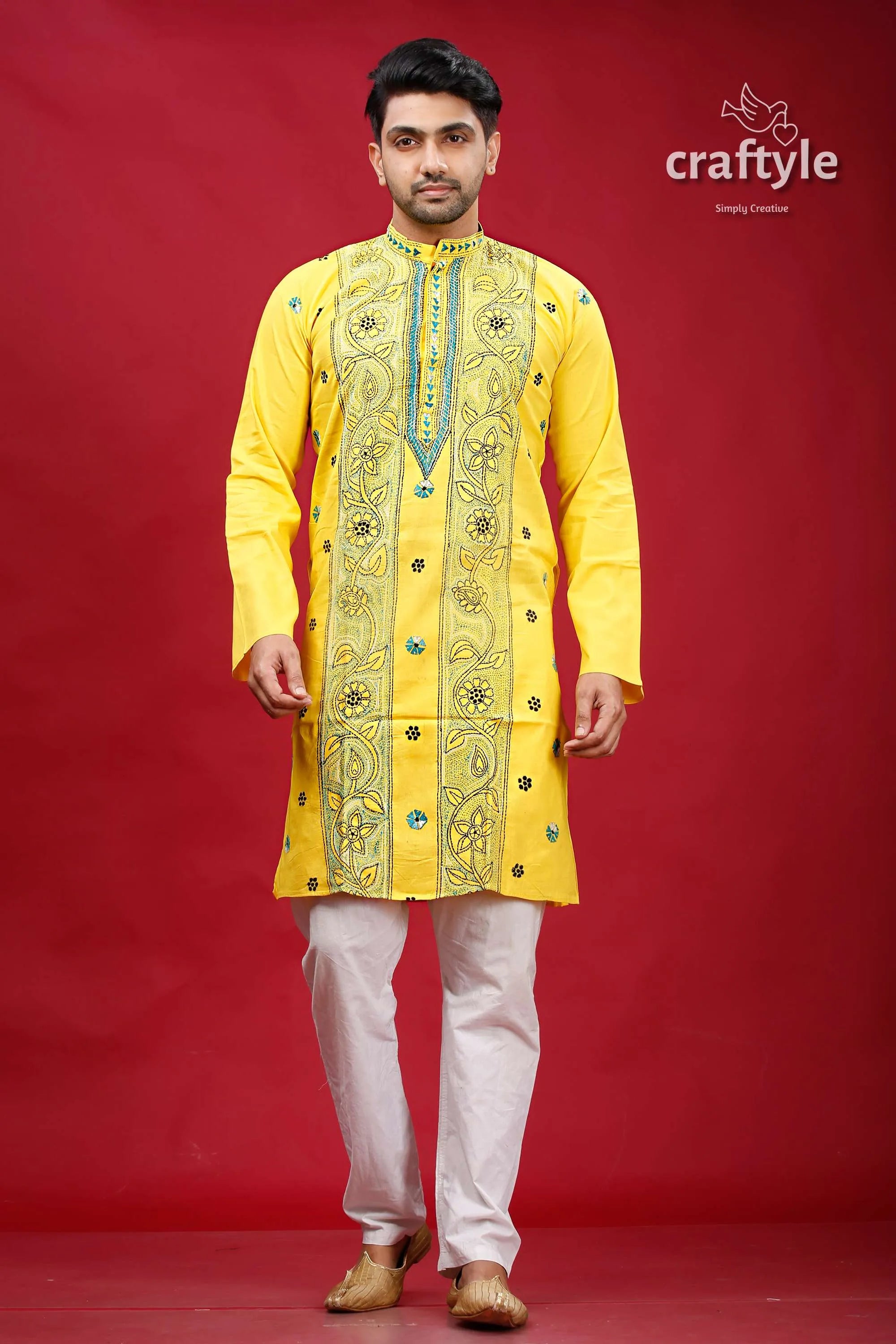 Minion yellow kantha stitch cotton men’s kurta embroidered pajama set 1