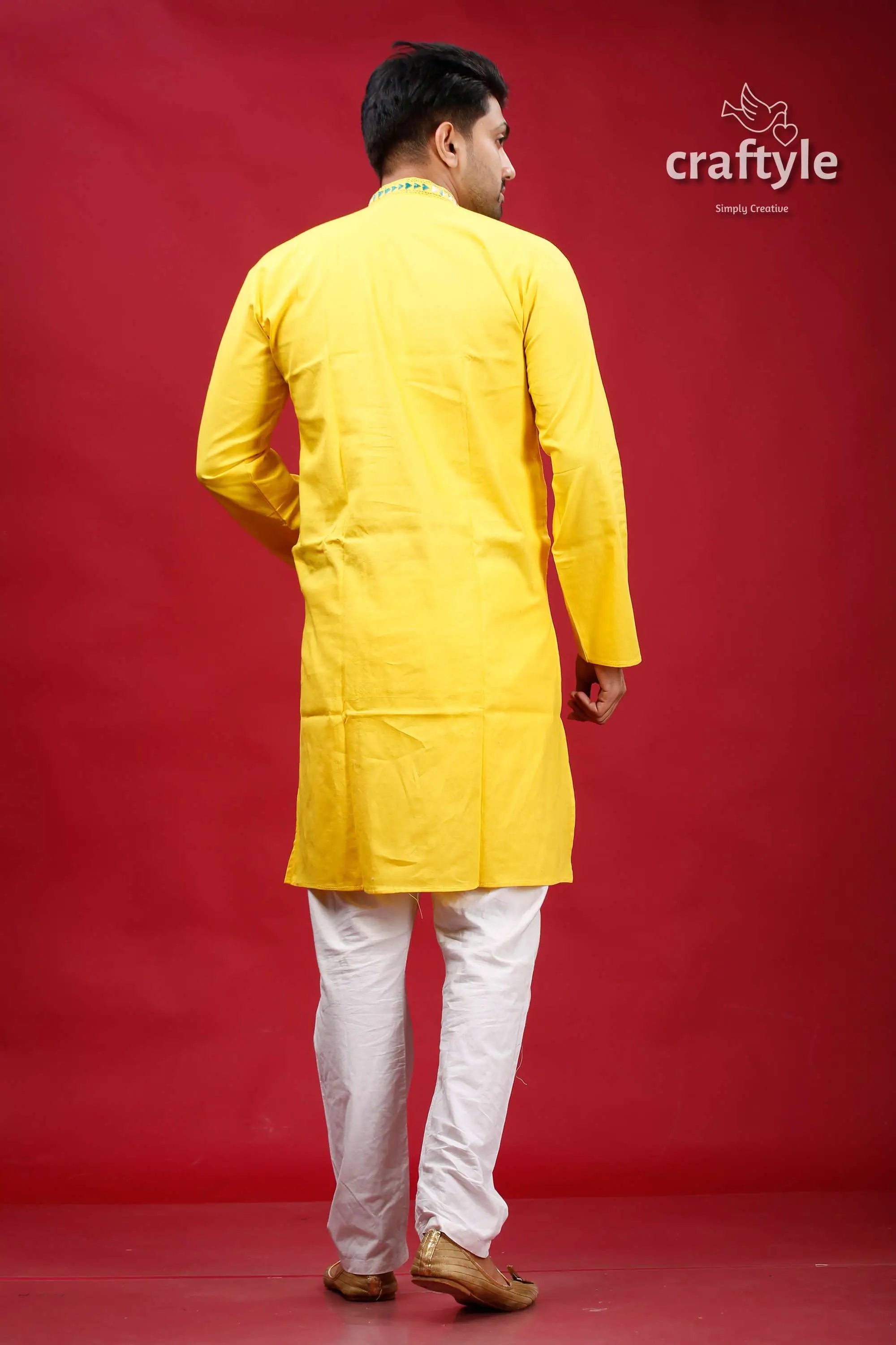 Minion yellow kantha stitch cotton men’s kurta yellow kurta white pants 5