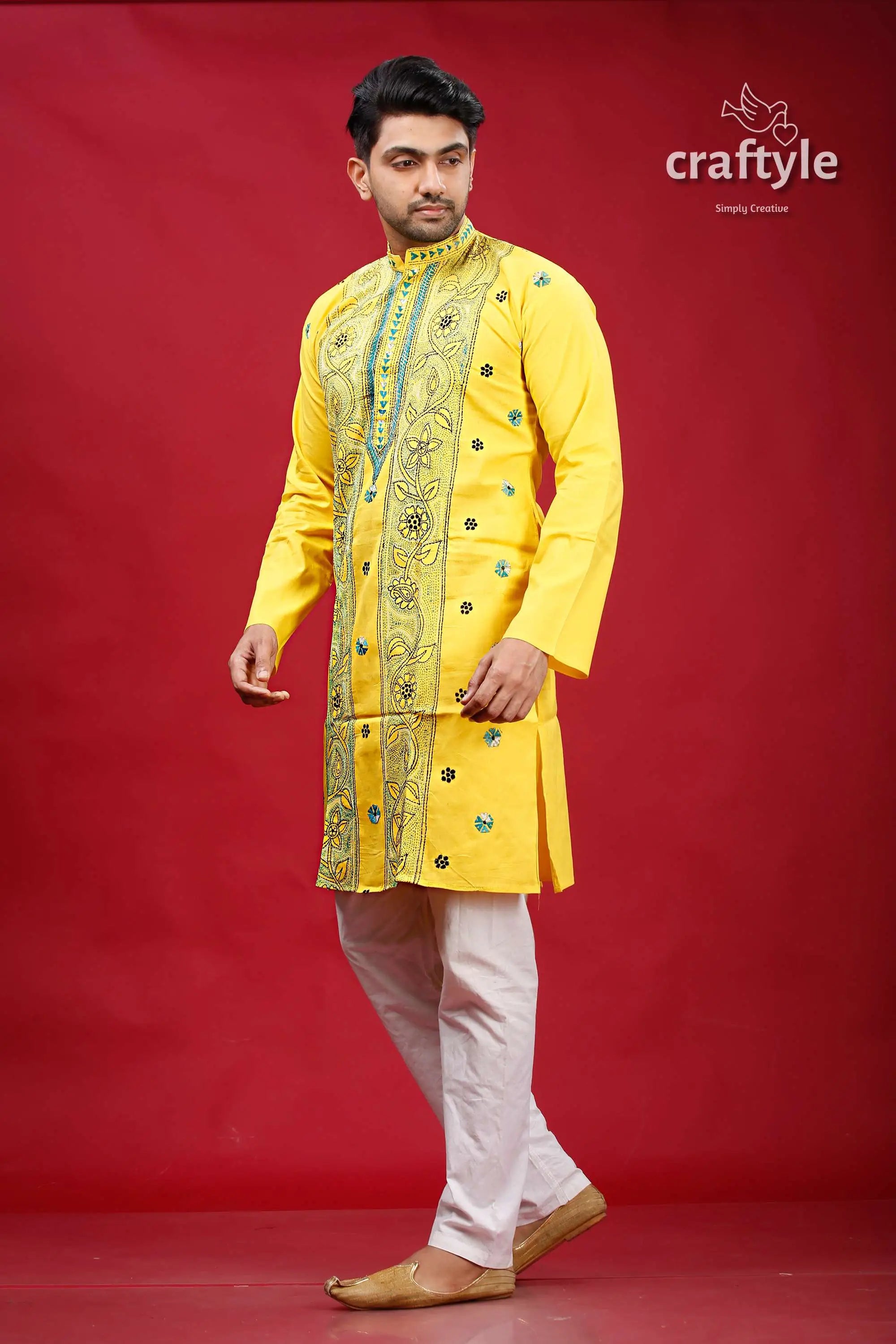 Minion yellow kantha stitch cotton men’s kurta yellow embroidered kurta white pants 4