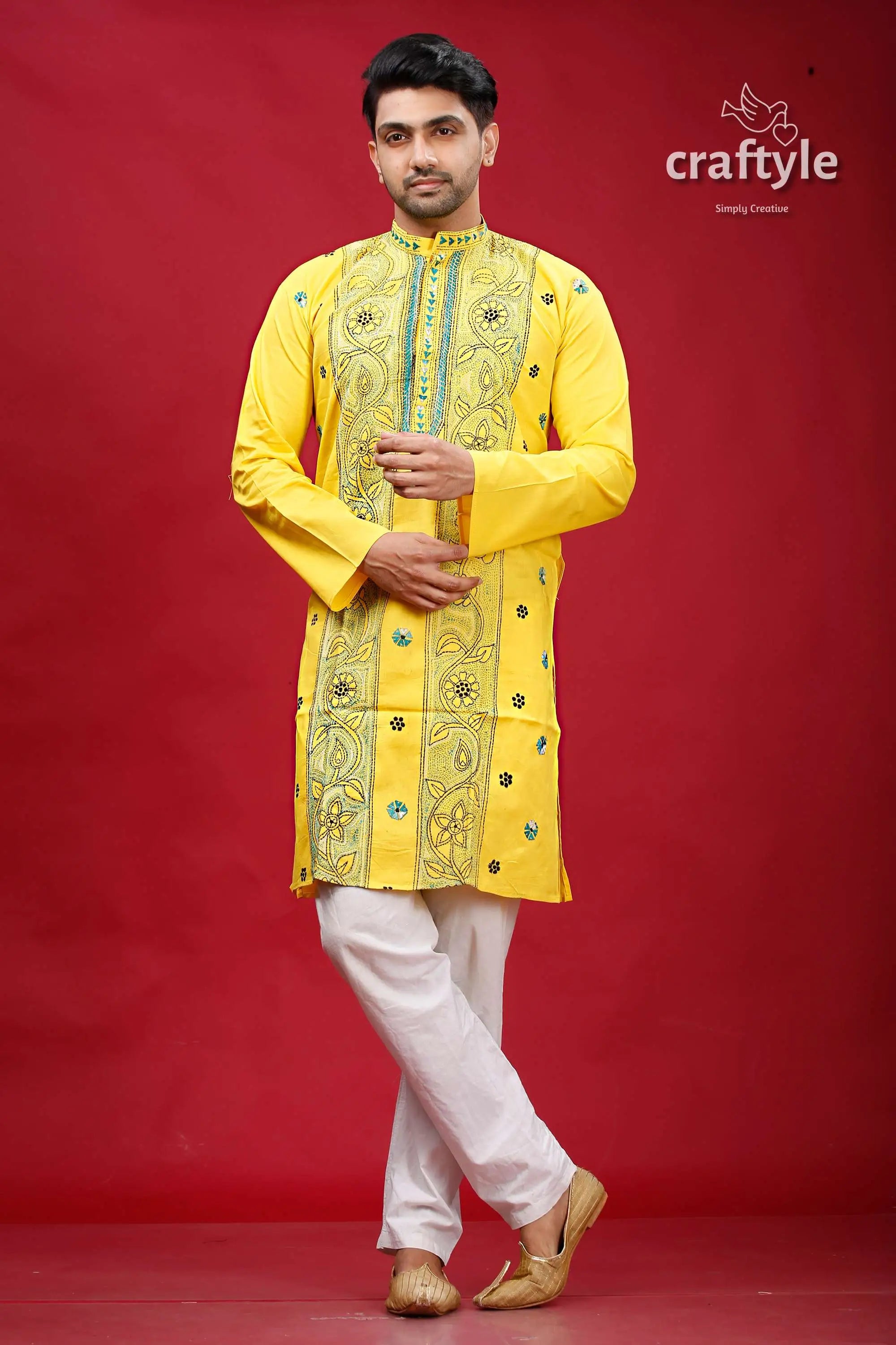 Minion yellow kantha stitch cotton men’s kurta man yellow embroidered kurta white 2