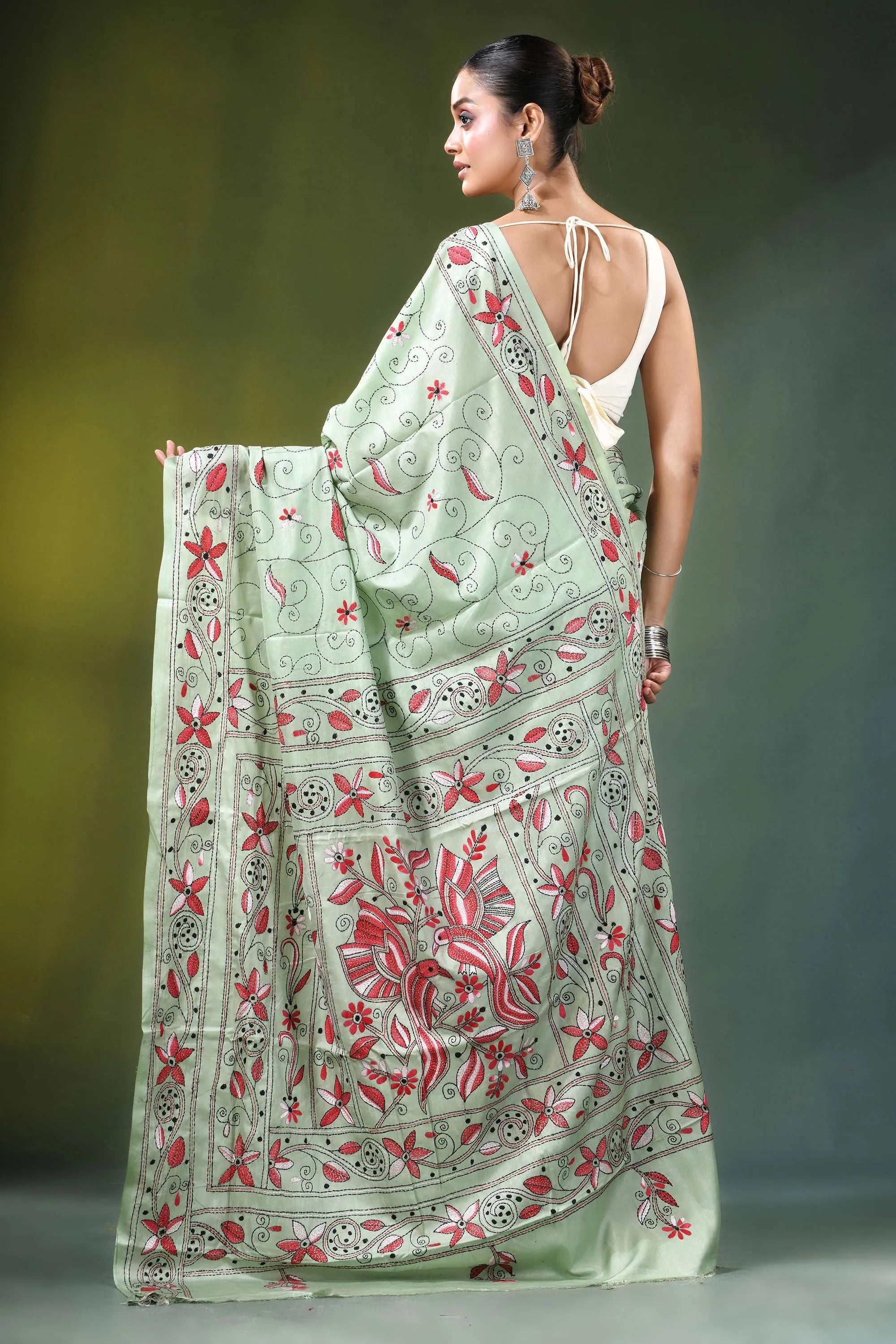 Mint green bird motif hand embroidery silk kantha saree light adorned 5