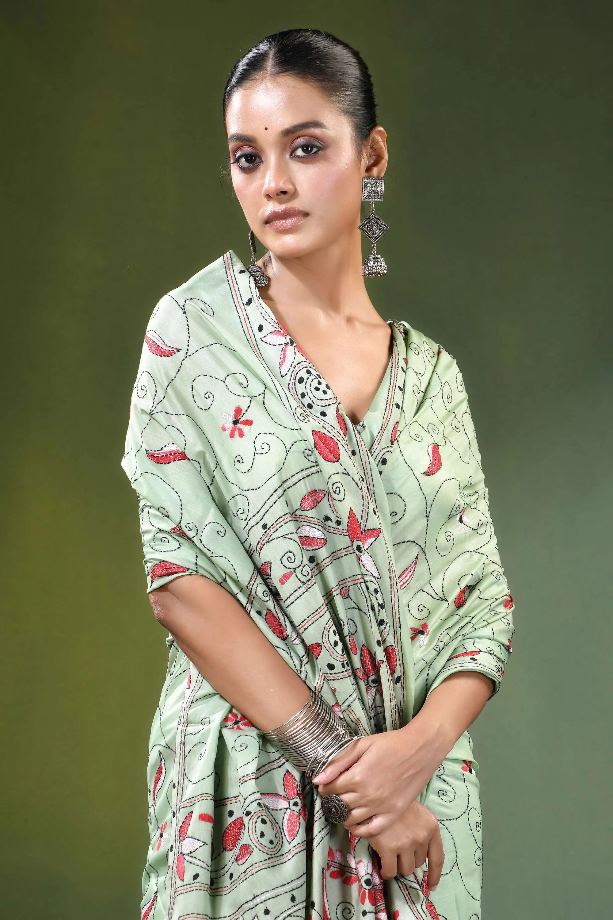 Mint green bird motif hand embroidery silk kantha saree light intricate red 2