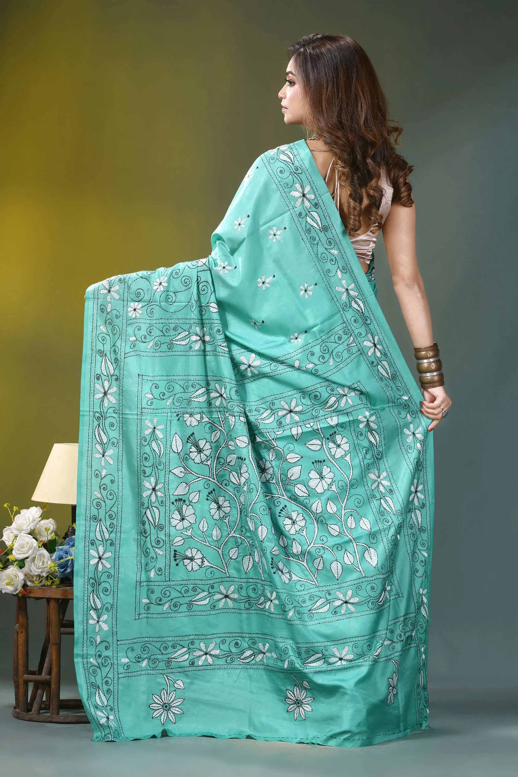 Mint green floral design hand embroidery kantha silk saree turquoise silk saree intricate white 4