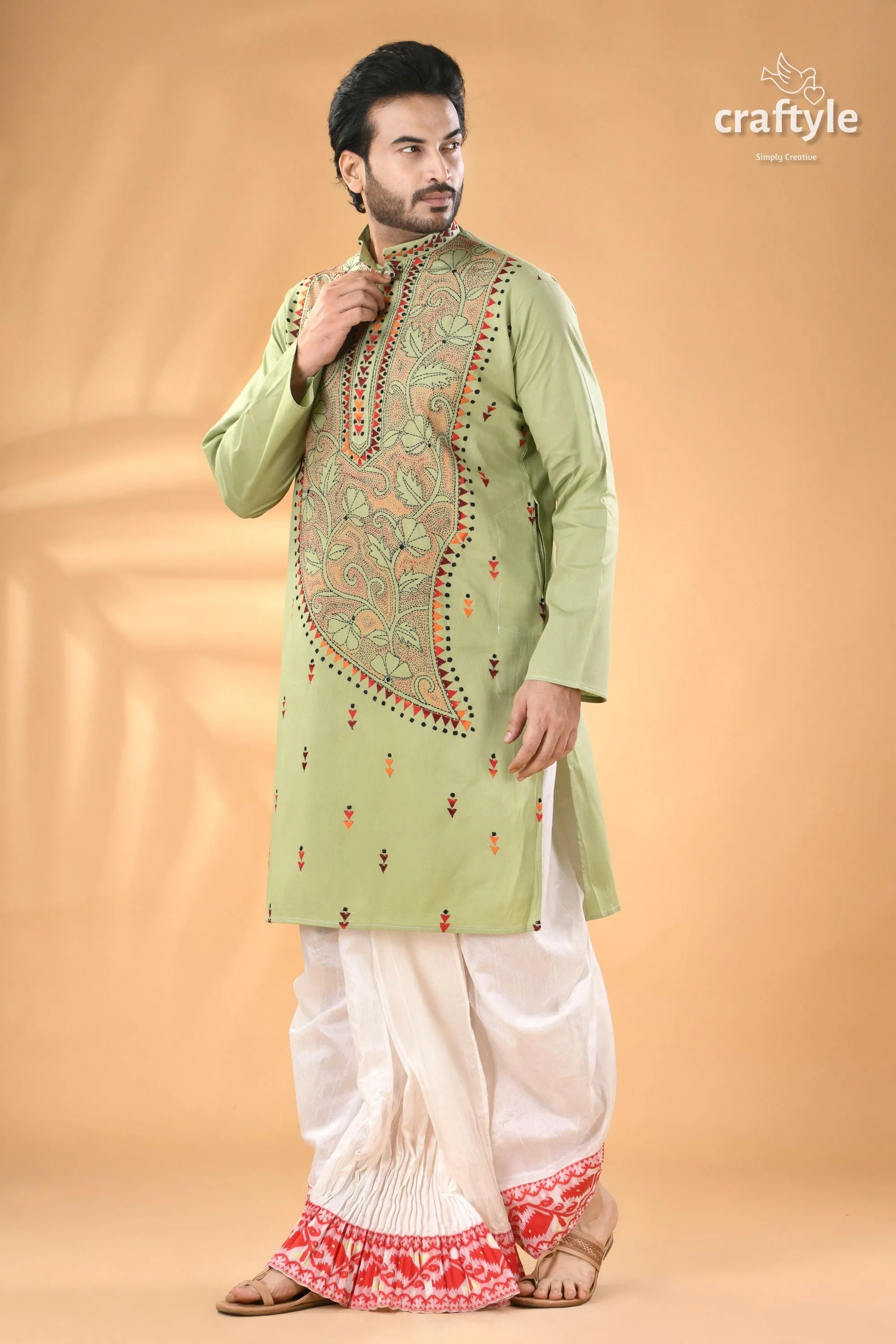 Mint green hand kantha stitched cotton kurta - reverse stitch men’s light embroidered 7