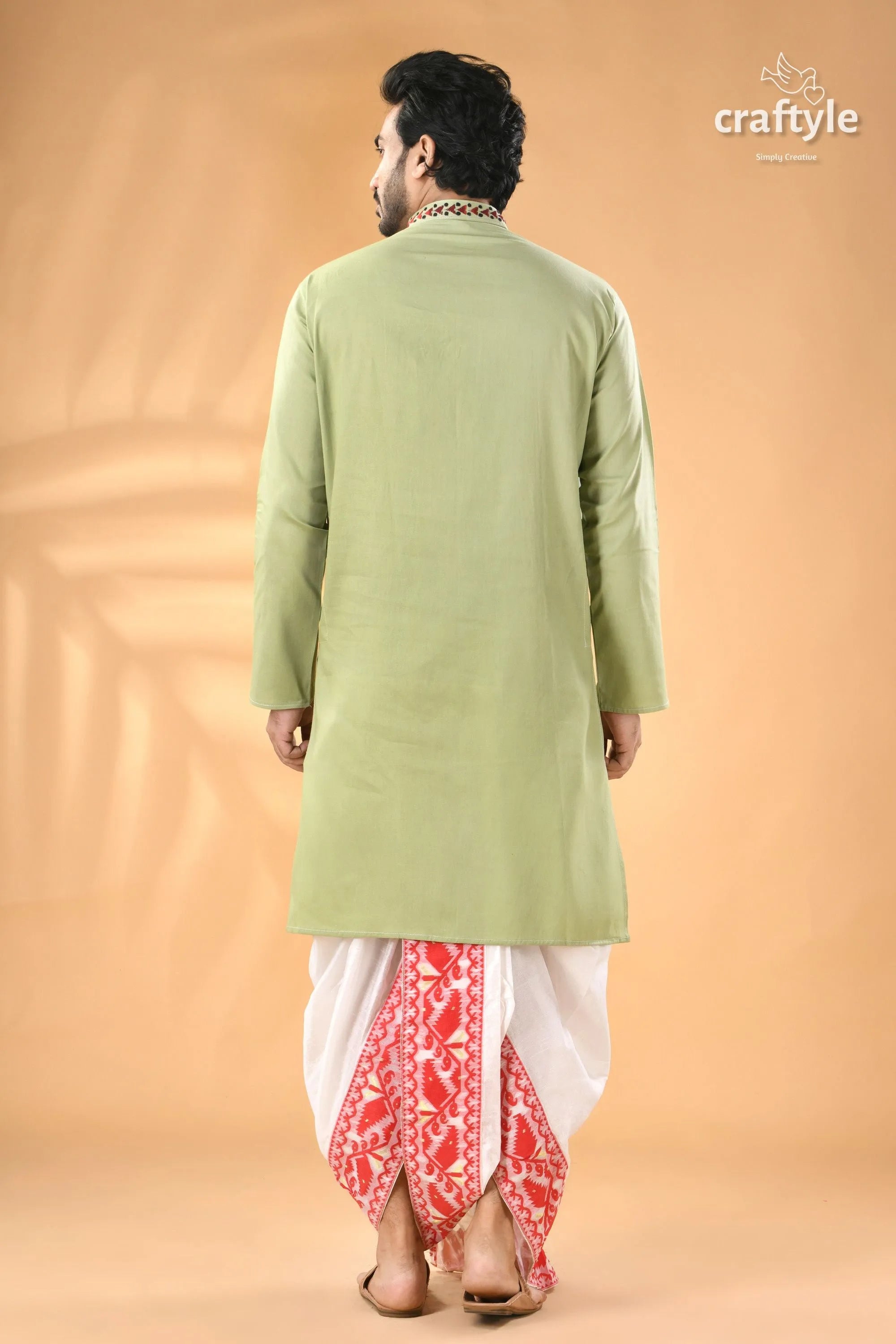 Mint green hand kantha stitched cotton kurta - reverse stitch men’s light white 8