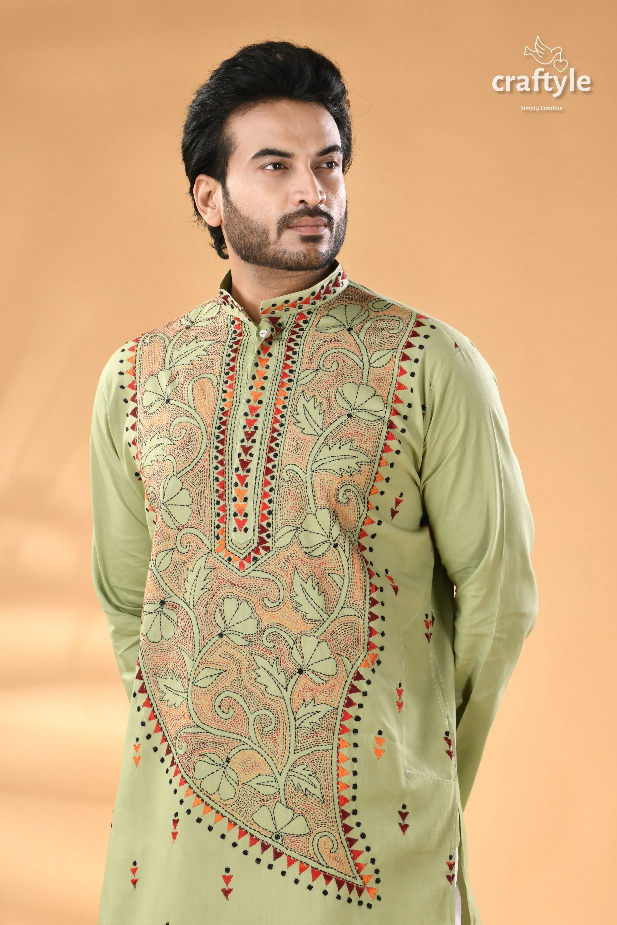 Mint green hand kantha stitched cotton kurta - reverse stitch men’s light embroidered 2