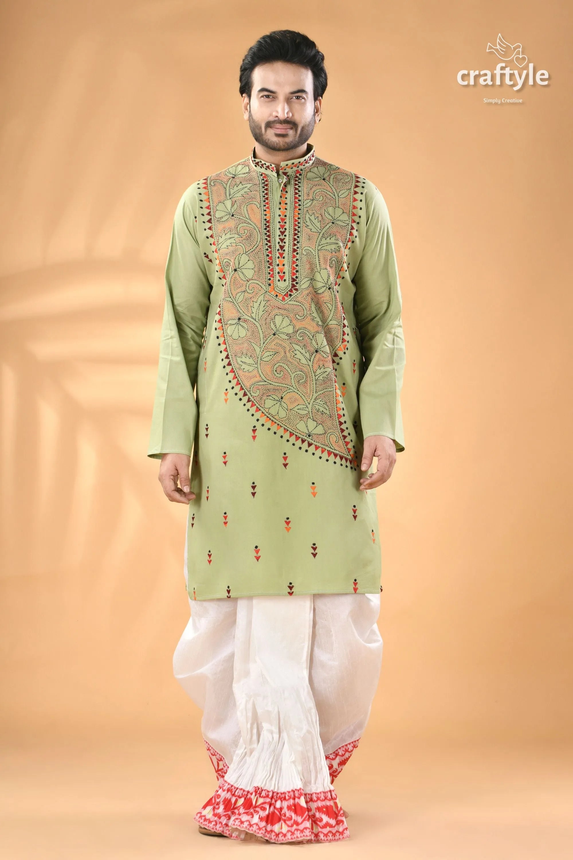 Mint green hand kantha stitched cotton kurta - reverse stitch men’s light embroidered 5