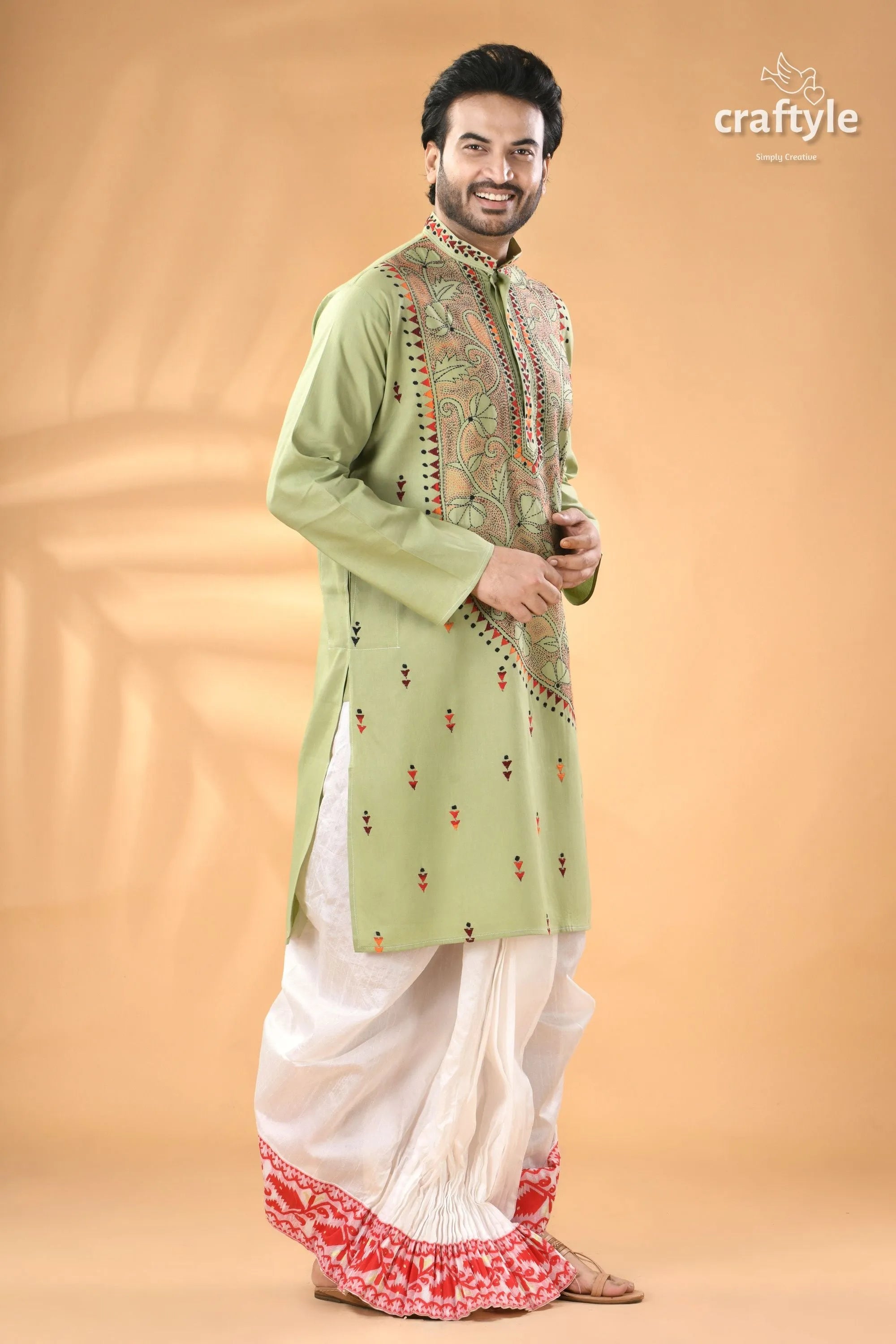 Mint green hand kantha stitched cotton kurta - reverse stitch light embroidered men’s 6