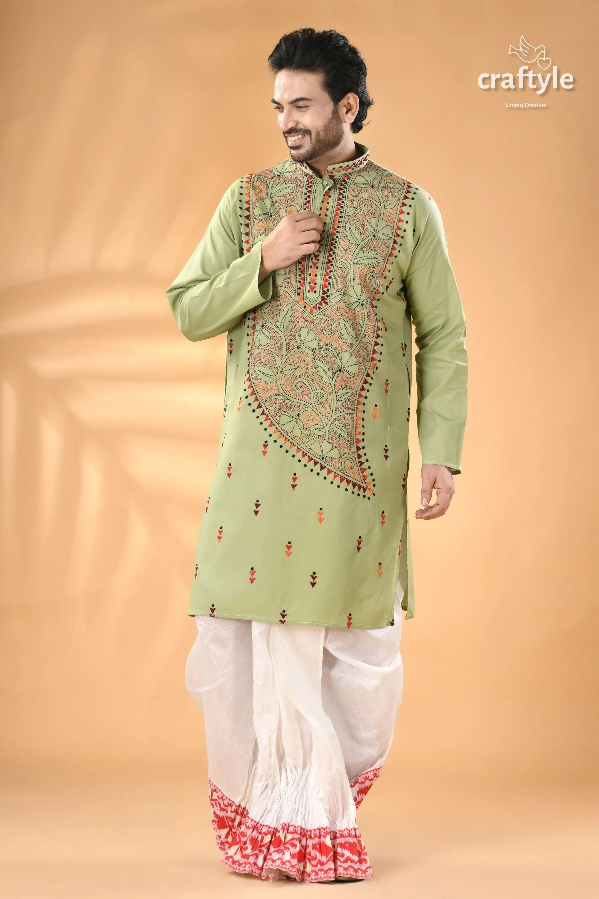 Mint green hand kantha stitched cotton kurta - reverse stitch men’s light embroidered 4