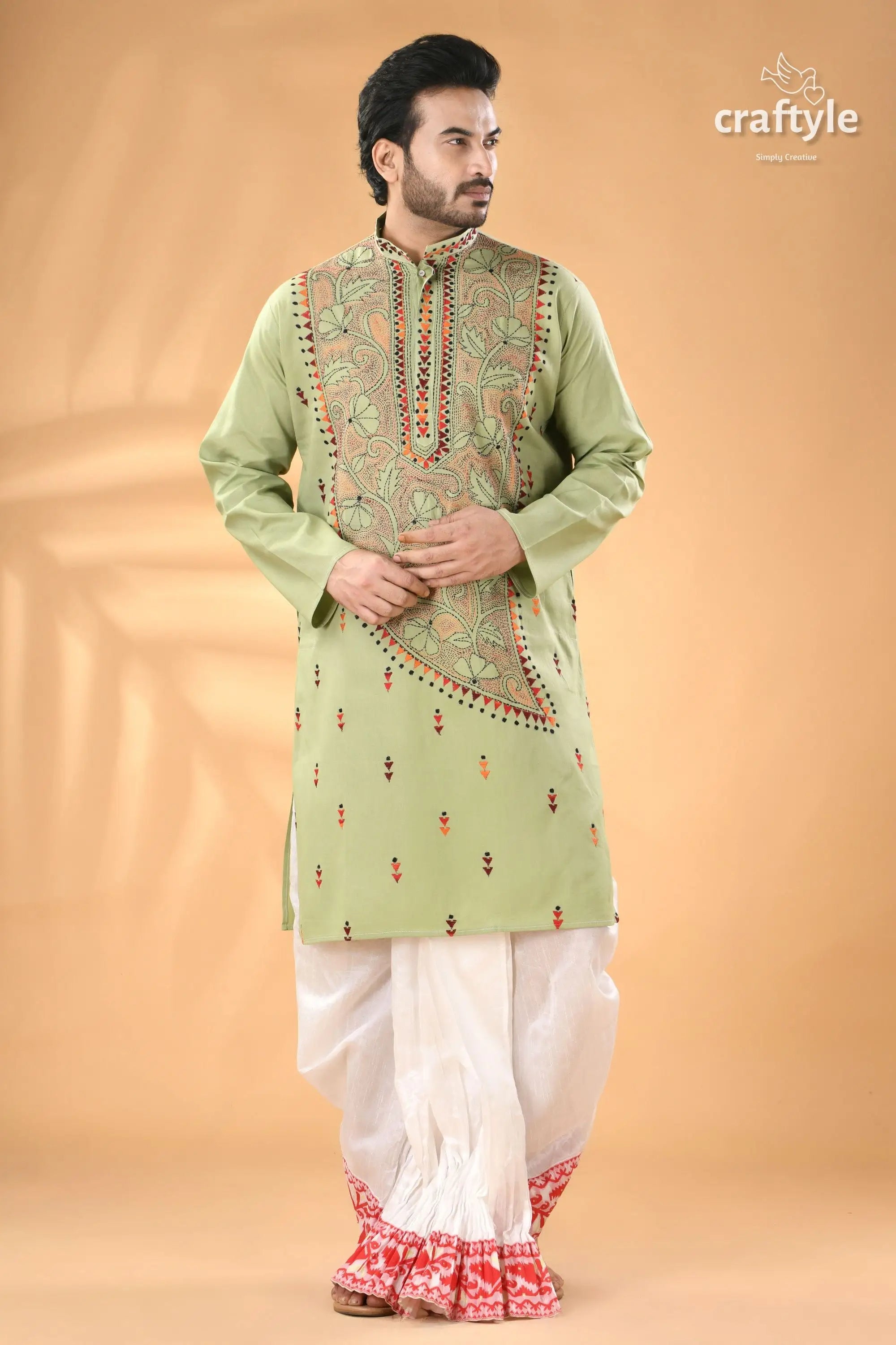 Mint green hand kantha stitched cotton kurta reverse stitch men’s light green embroidered kurta 3