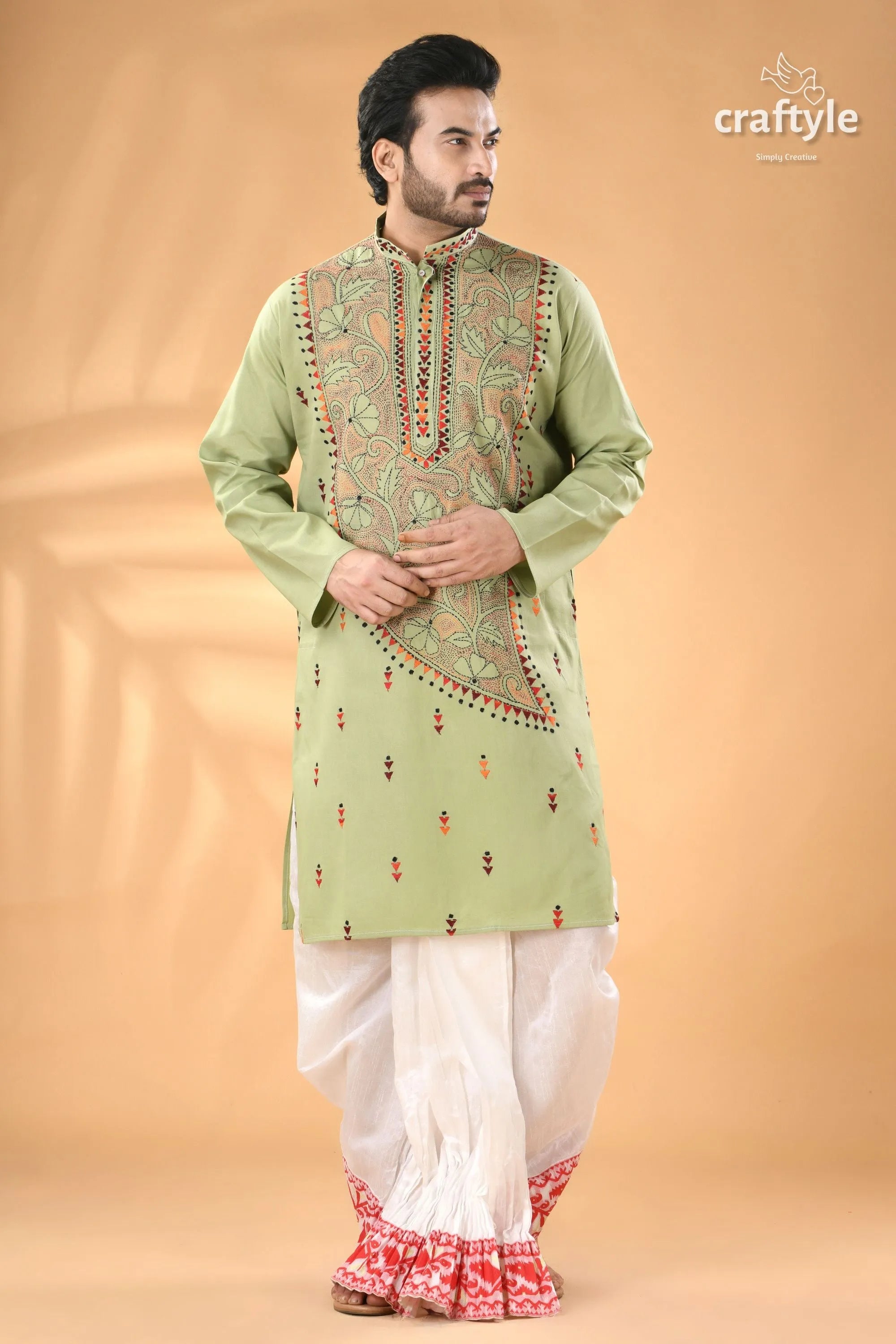 Mint green hand kantha stitched cotton kurta - reverse stitch men’s light embroidered 3