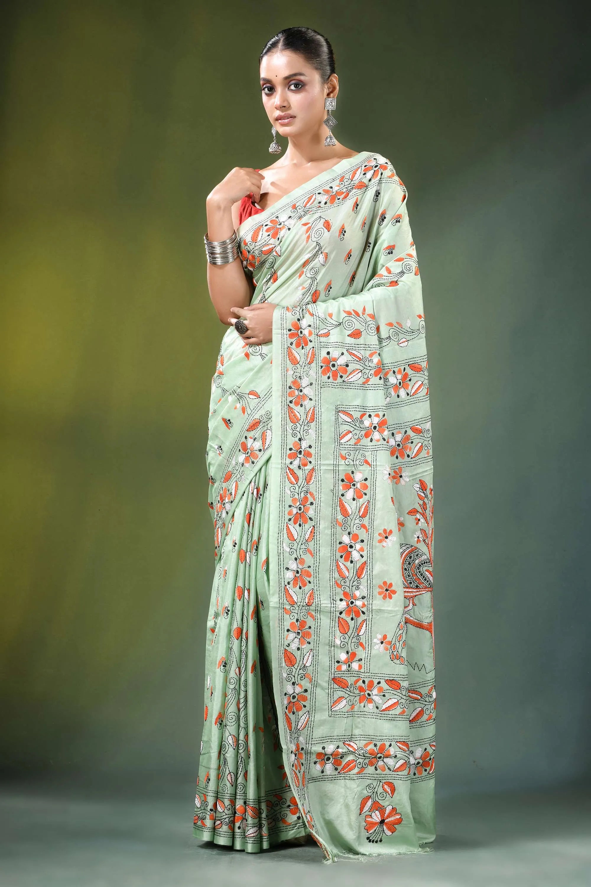 Mint green peacock motif handmade silk kantha saree light intricate orange 6