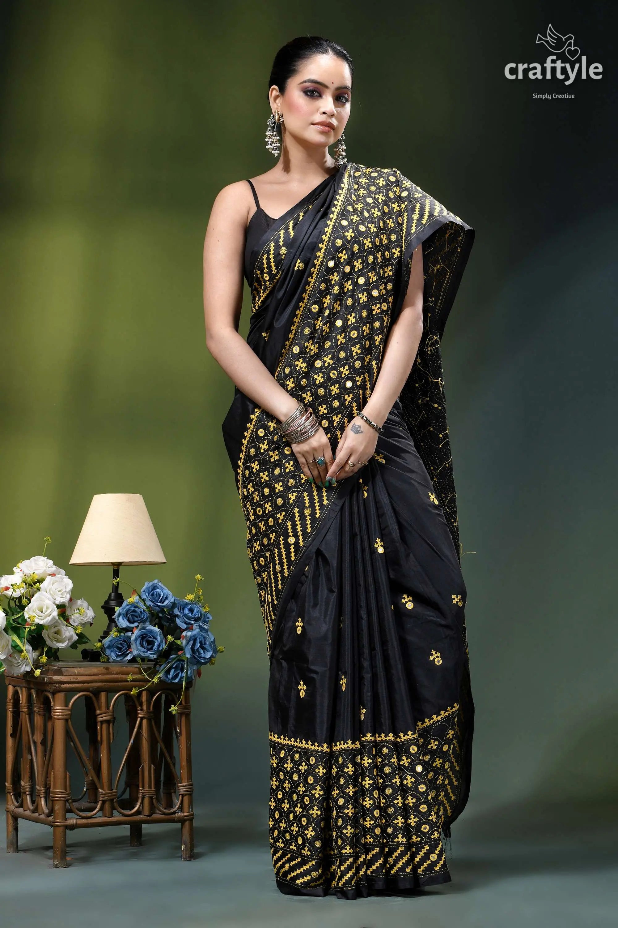 Mirror detailing black silk saree with yellow thread gujrati stitch black silk saree intricate gold 5