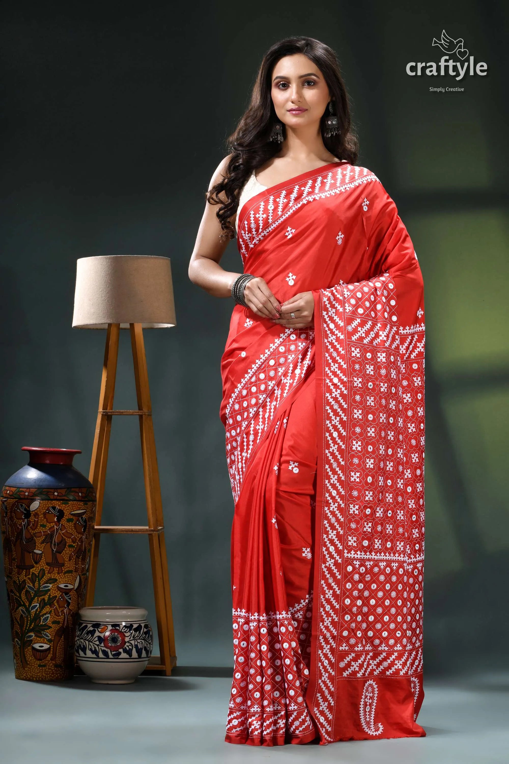 Mirror work lava red silk saree with intricate kutch embroidery red bandhani saree white patterns 1