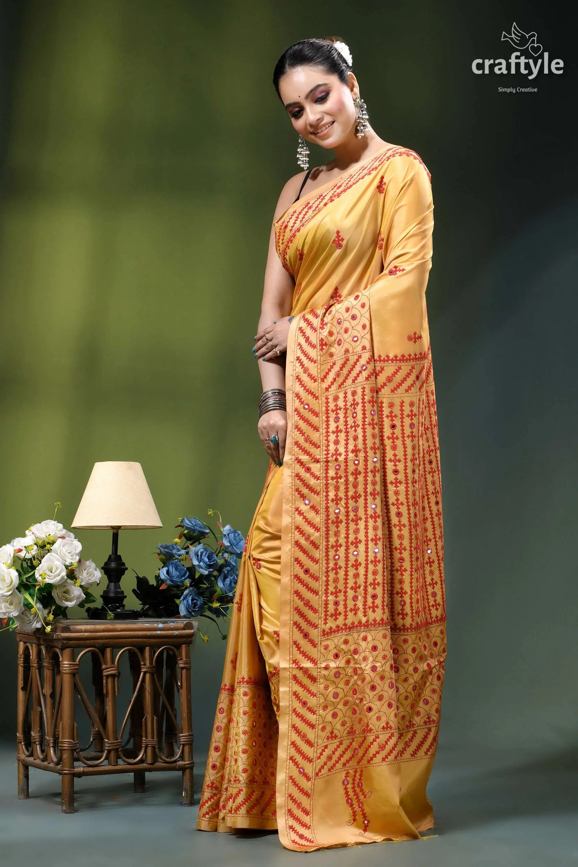 Mirror work red thread silk gujrati stitch saree in light mustard golden-yellow saree intricate orange embroidery 3