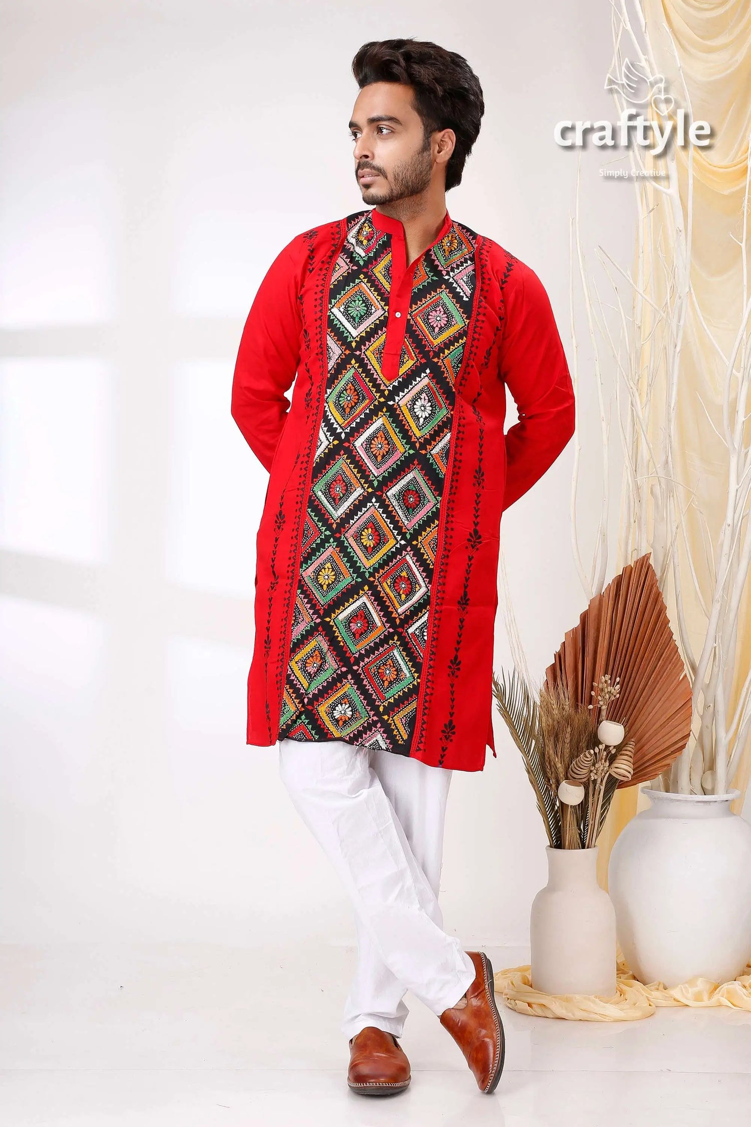 Monza red multithread design kantha stitch cotton panjabi for men red kurta geometric embroidery 1