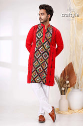 Monza red multithread design kantha stitch cotton panjabi for men red kurta geometric embroidery 1