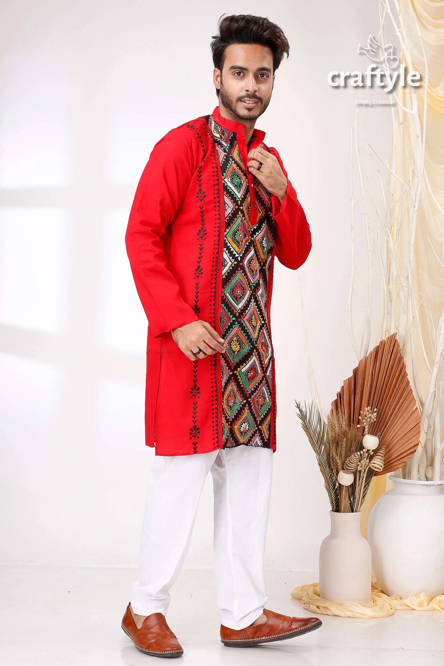 Monza red multithread design kantha stitch cotton panjabi for men red kurta geometric embroidery 4