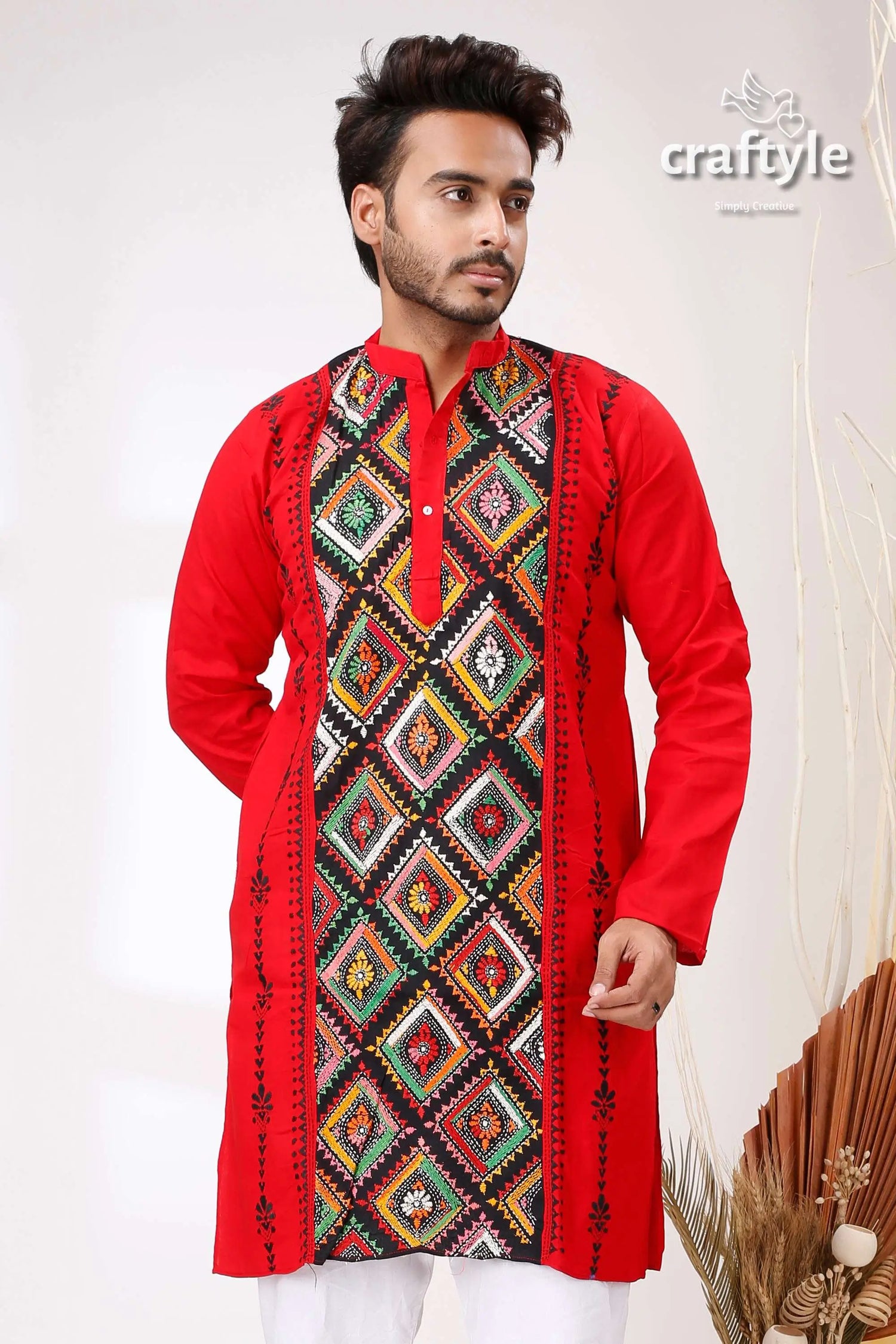 Monza red multithread design kantha stitch cotton panjabi for men red embroidered kurta 2