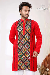 Monza red multithread design kantha stitch cotton panjabi for men red embroidered kurta 2