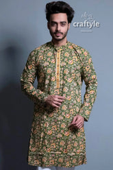 Moss green kalamkari ethnic wear mens kurta floral patterned men’s kurta 3