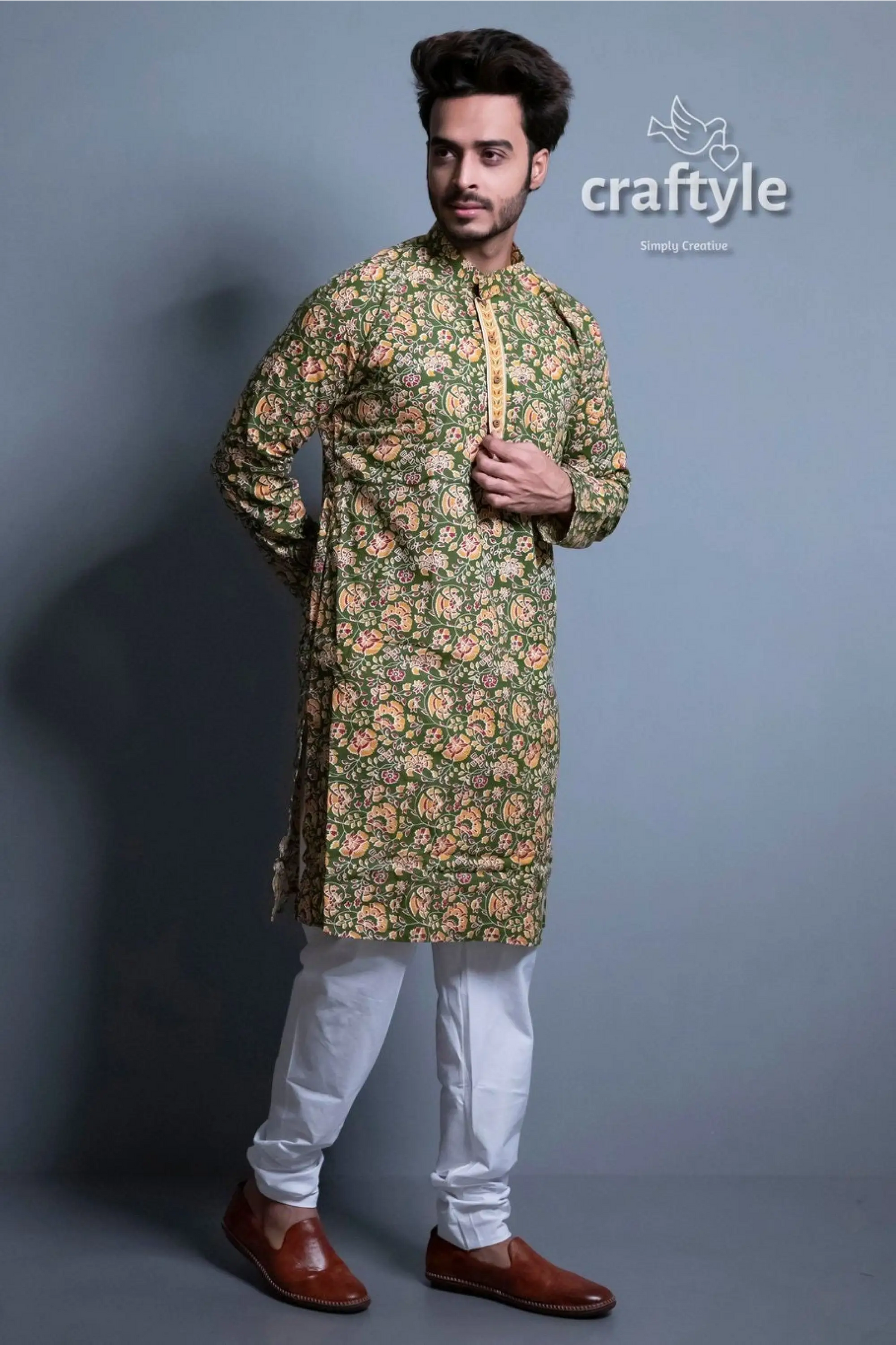 Moss green kalamkari ethnic wear mens kurta floral print kurta pajama set 4