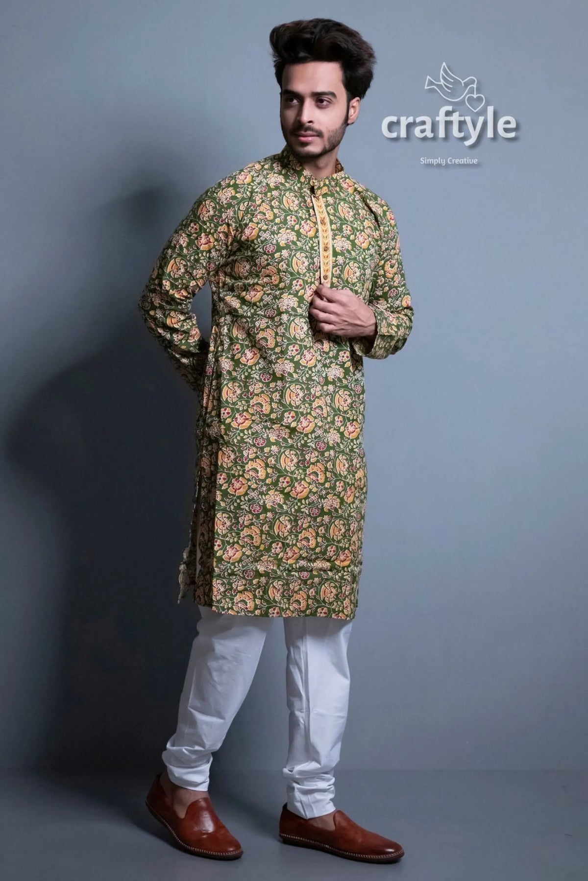 Moss green kalamkari ethnic wear mens kurta floral print pajama set 4