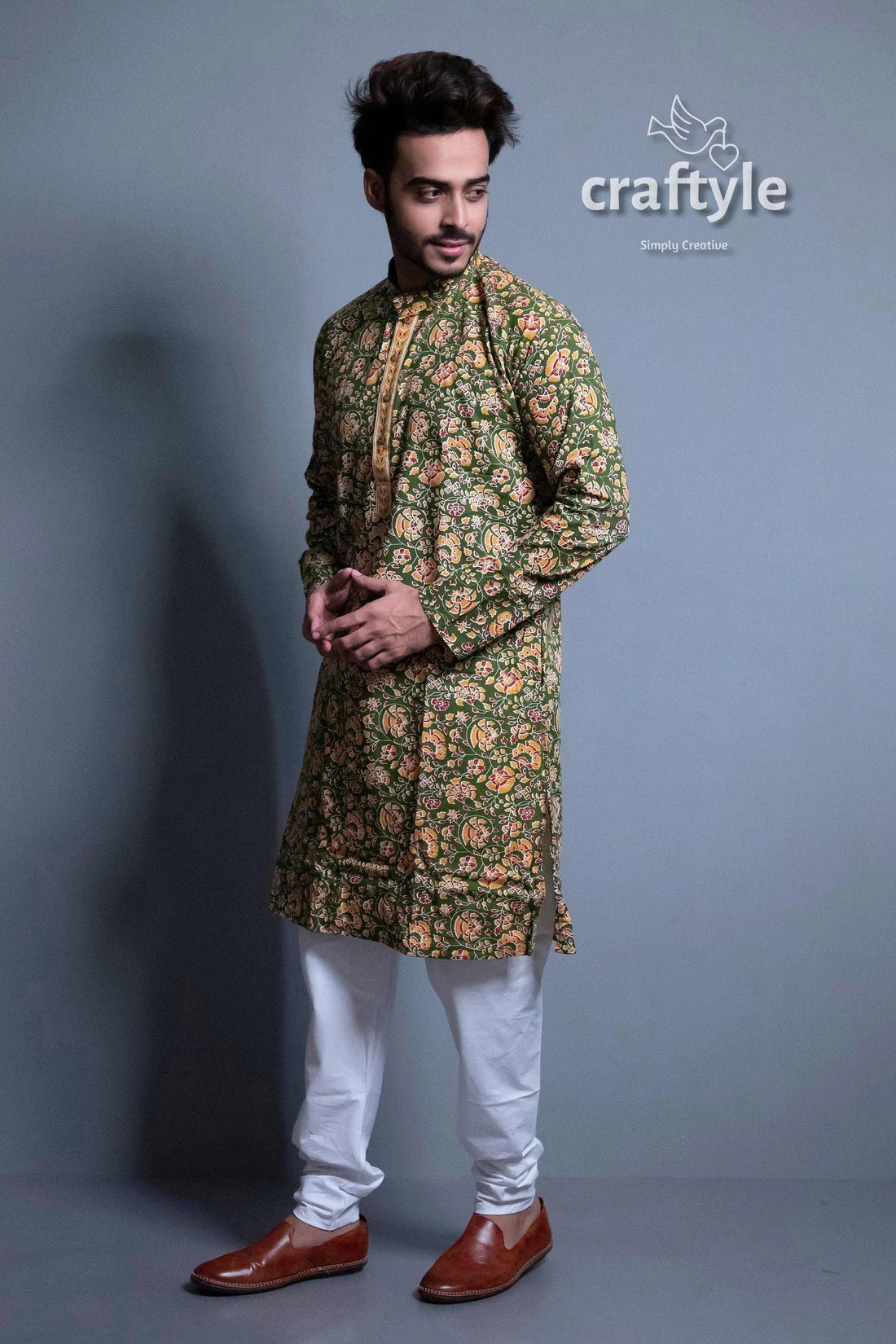 Moss green kalamkari ethnic wear mens kurta floral print pajama set 2