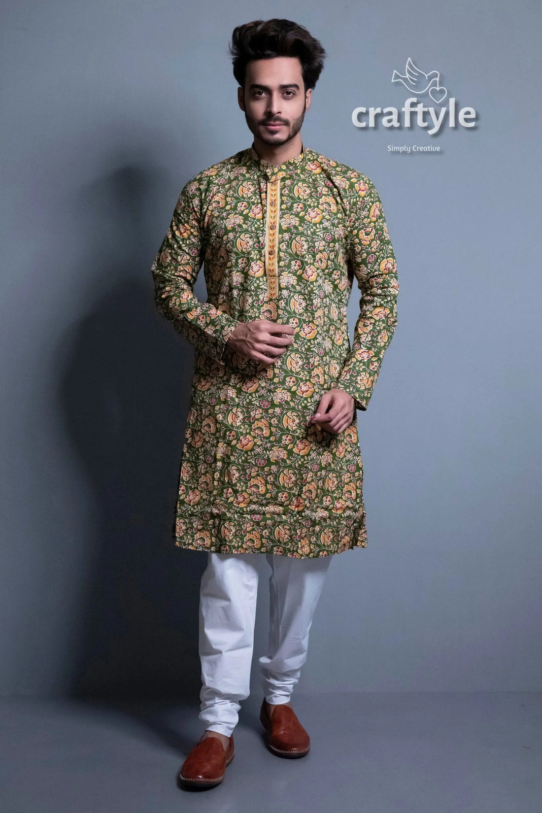 Moss green kalamkari ethnic wear mens kurta floral-patterned pajama set 1