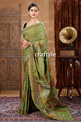 Moss Green Silk Kantha Work Saree-Craftyle