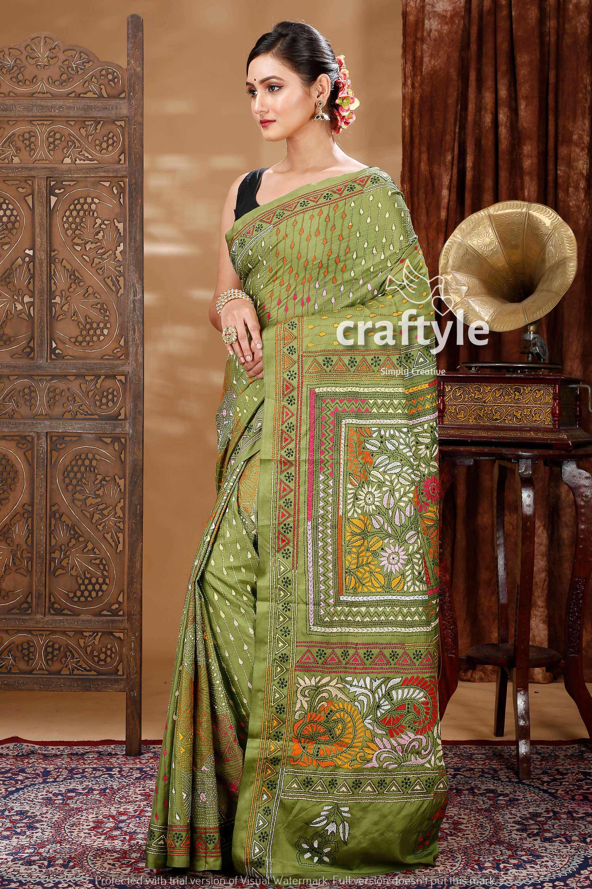 Moss Green Silk Kantha Work Saree-Craftyle