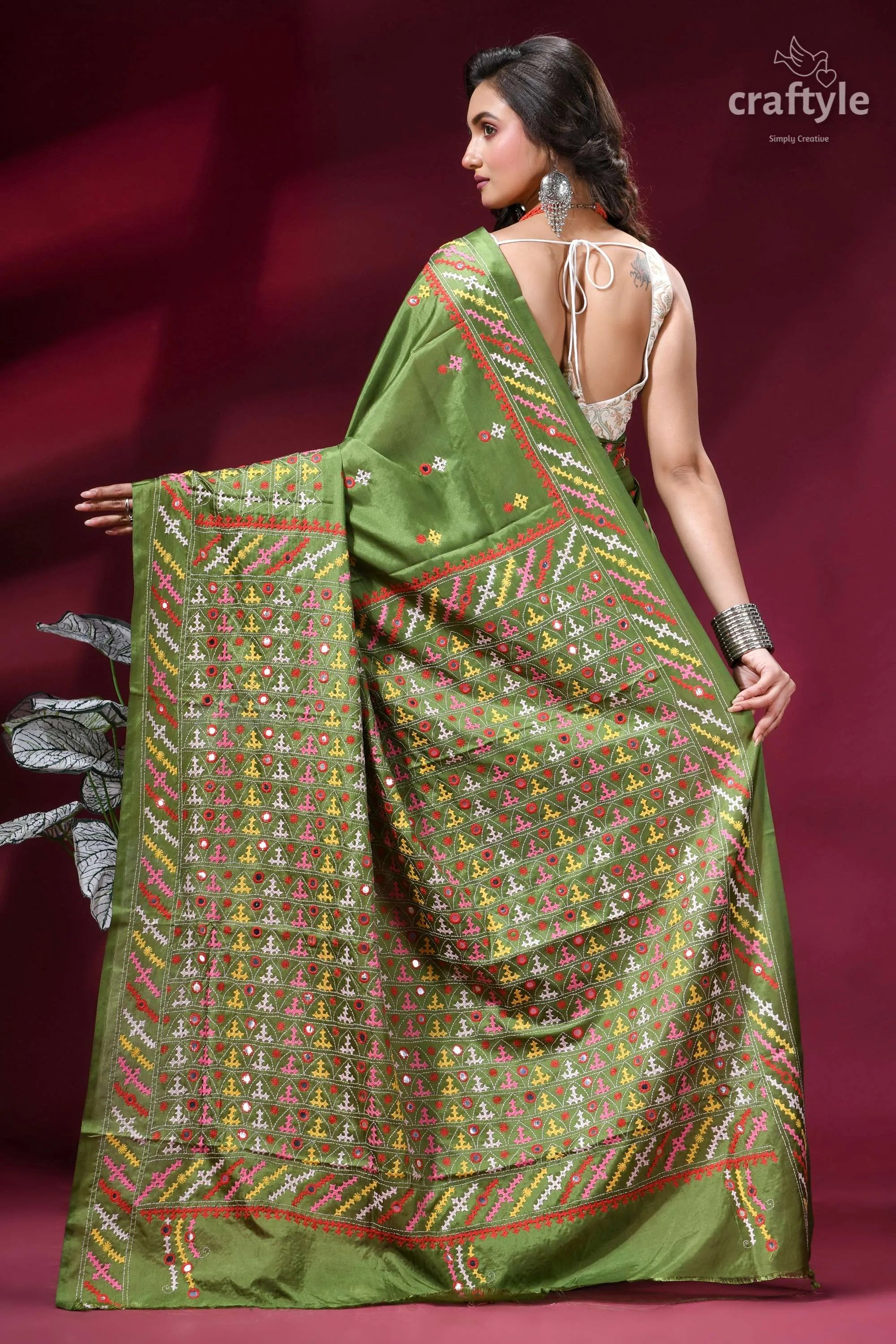 Moss green silk saree with multicolor kutch embroidery - mirror work vibrant olive adorned 5