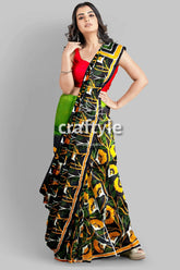 Moss green yellow floral hand batik mulberry pure silk saree woman floral-patterned saree 2