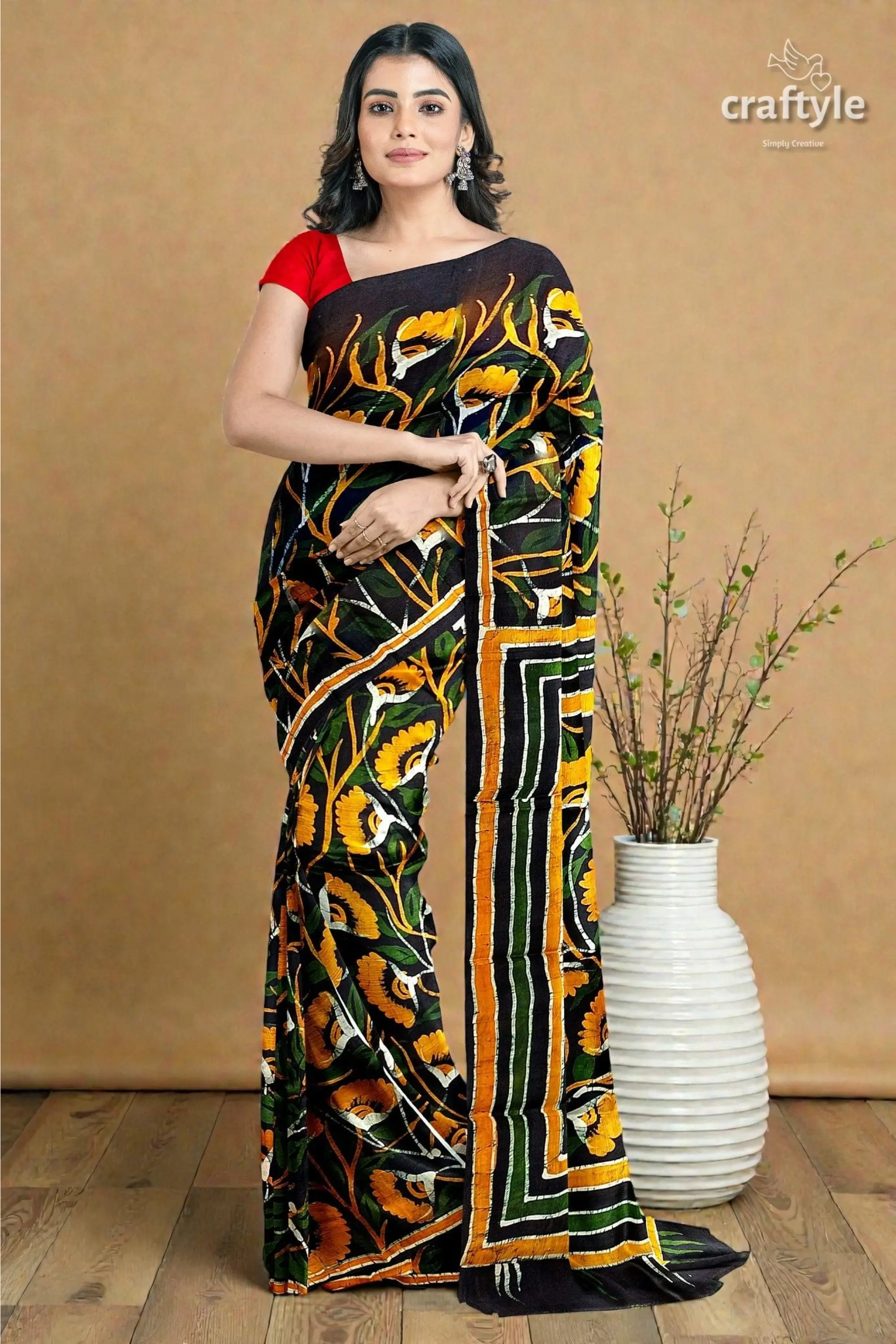 Moss green yellow floral hand batik mulberry pure silk saree 4