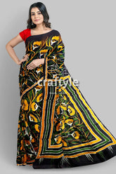 Moss green yellow floral hand batik mulberry pure silk saree floral-patterned black saree 4