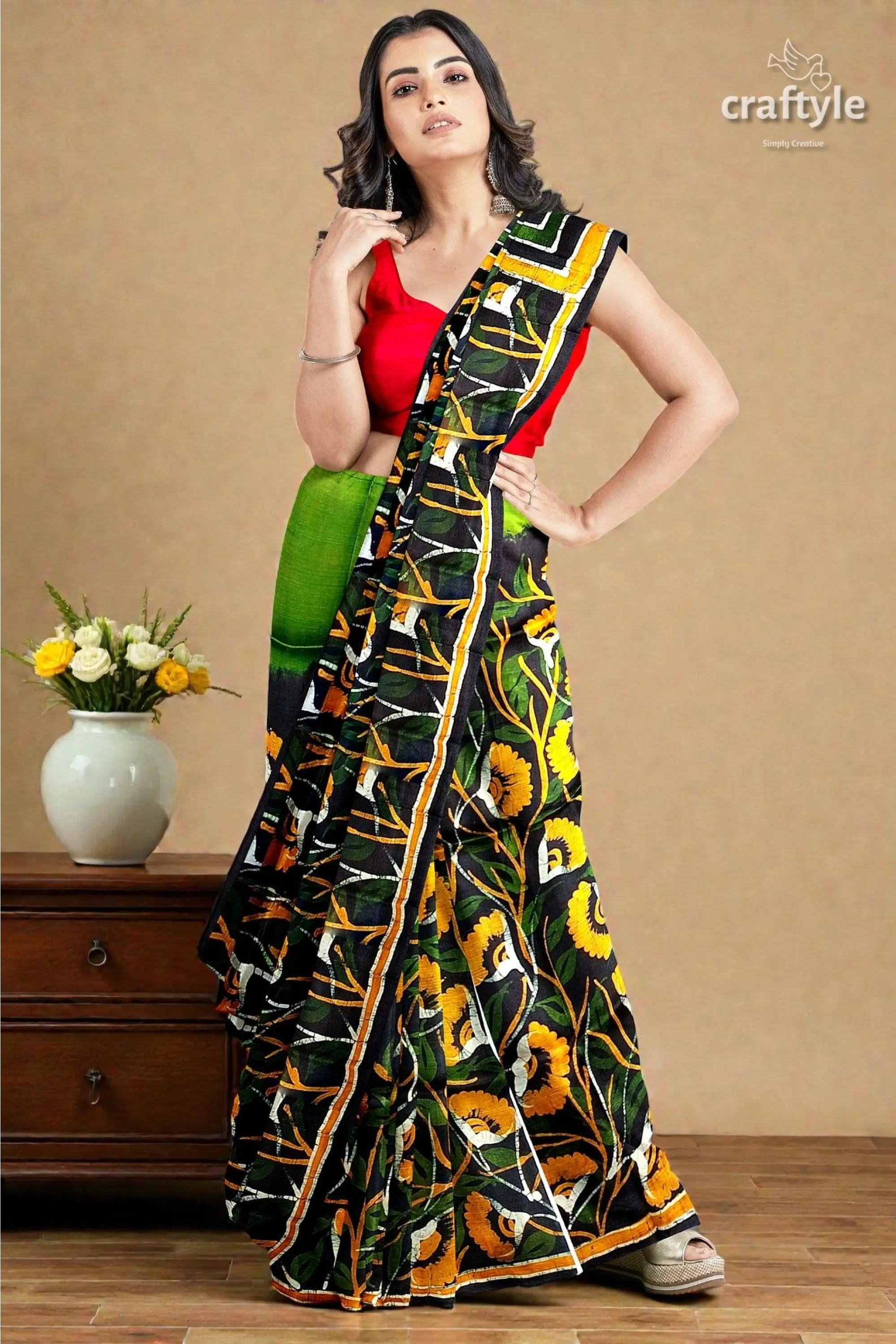 Moss green yellow floral hand batik mulberry pure silk saree 2