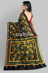 Moss green yellow floral hand batik mulberry pure silk saree black saree floral pattern 5
