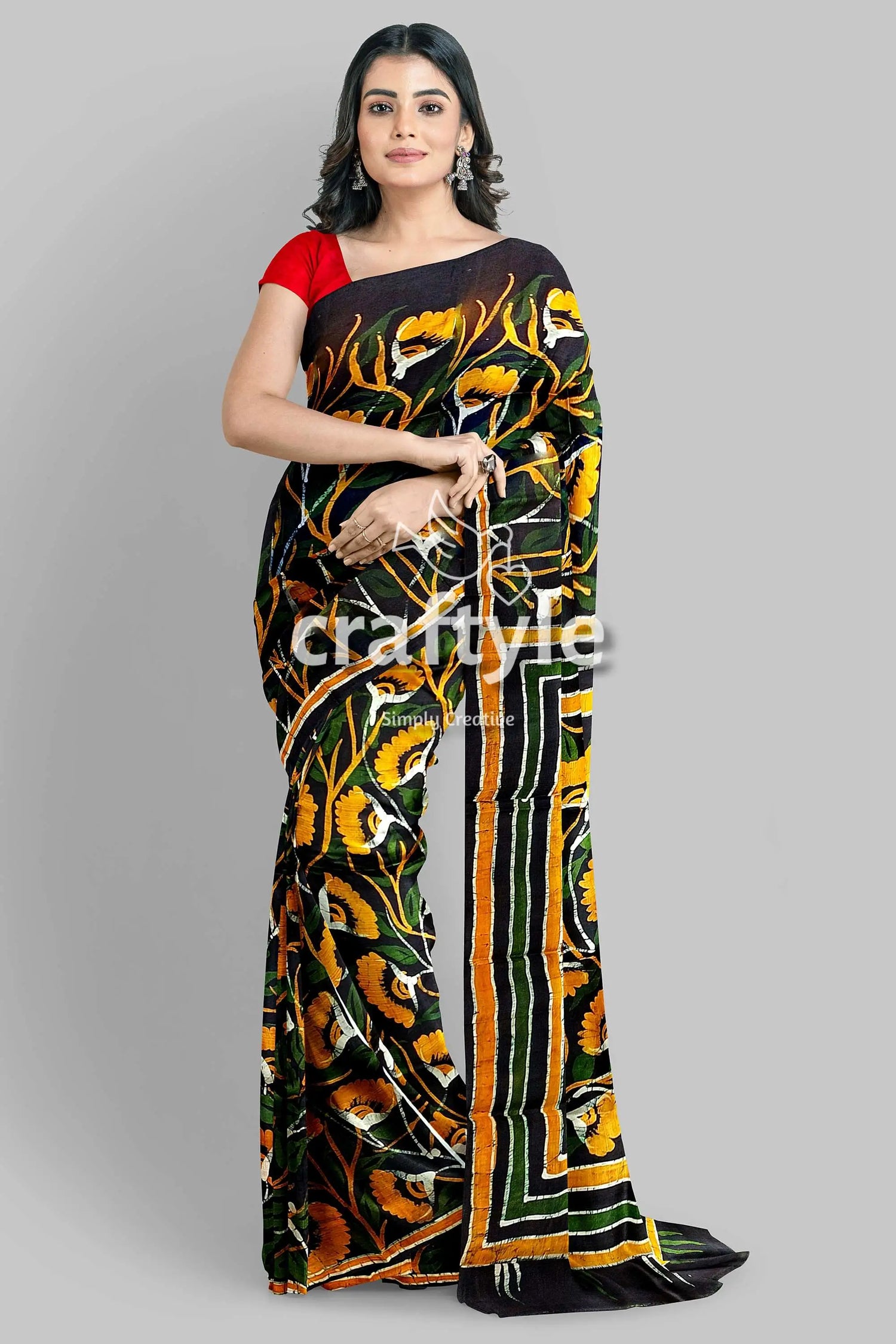 Moss green yellow floral hand batik mulberry pure silk saree black floral-patterned saree 3