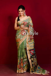 Moss green zari border pure tussar kalamkari saree - hand painted elegant green saree floral peacock 2