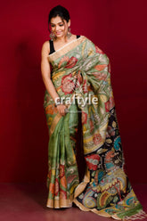 Moss green zari border pure tussar kalamkari saree - hand painted floral-patterned saree 1