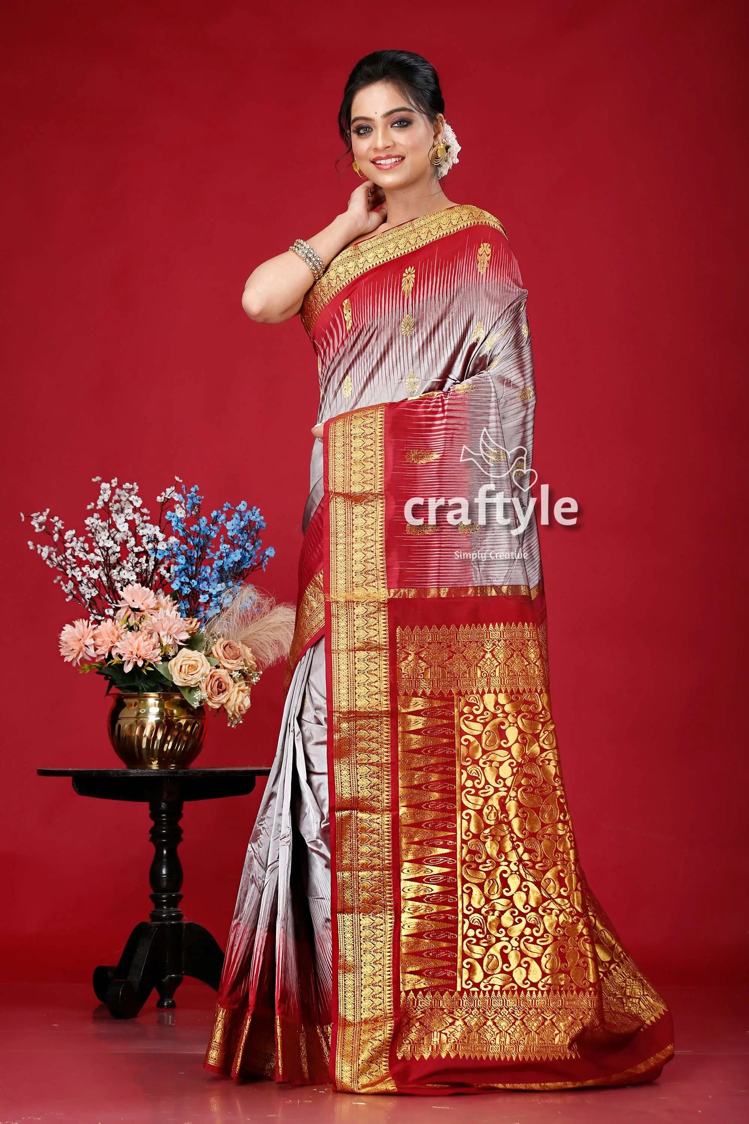 Mountain grey and burgundy kanjivaram silk saree - traditional indian sari elegant red gray saree gold 3