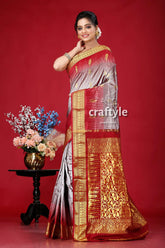 Mountain grey and burgundy kanjivaram silk saree - traditional indian sari elegant red gray saree gold 3